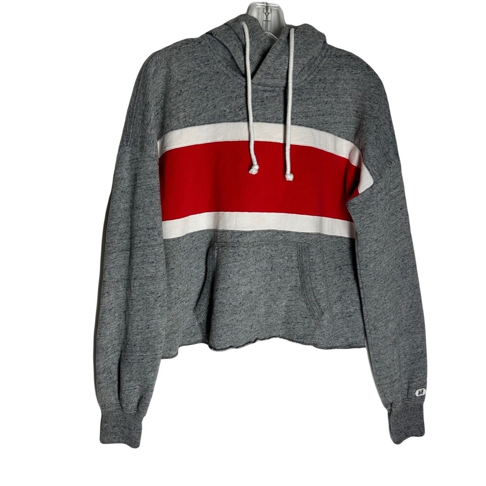 Abercrombie Fitch Womens Cropped Hoodie Fleece Sweater Small Gray Red Striped